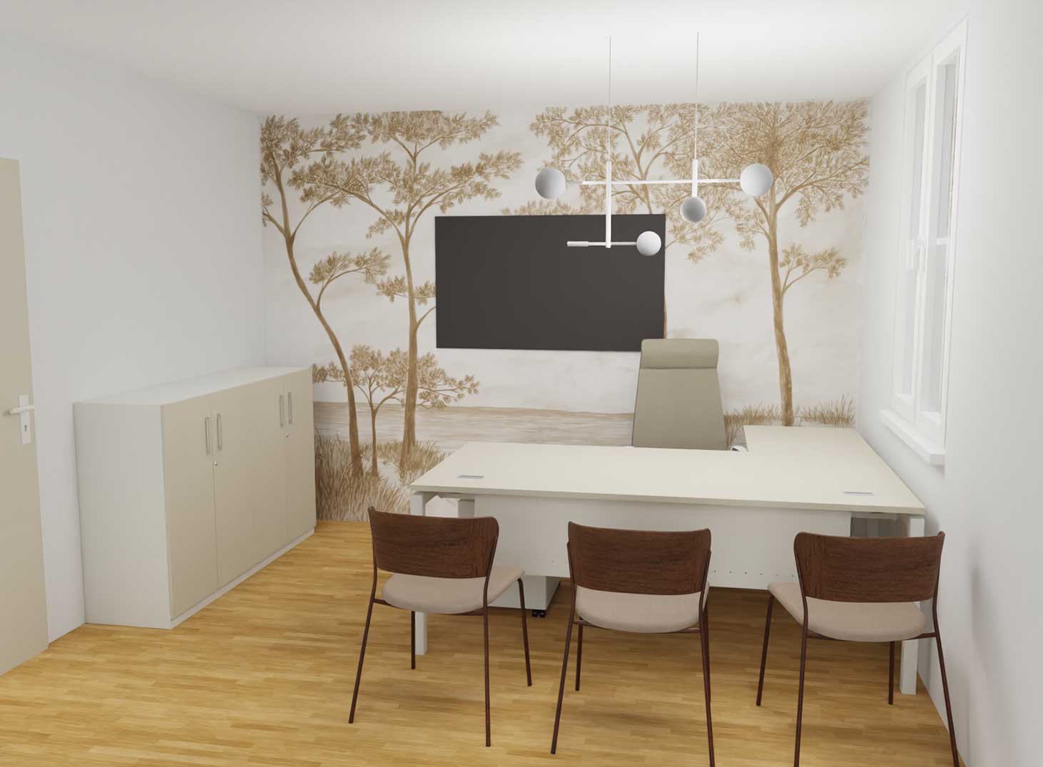 Rendu 3D d’un aménagement sur-mesure de cabinet juridique à Bordeaux avec bureau d’accueil blanc, papier peint mural forêt et mobilier contemporain – réalisation Dalla Santa Mobilier