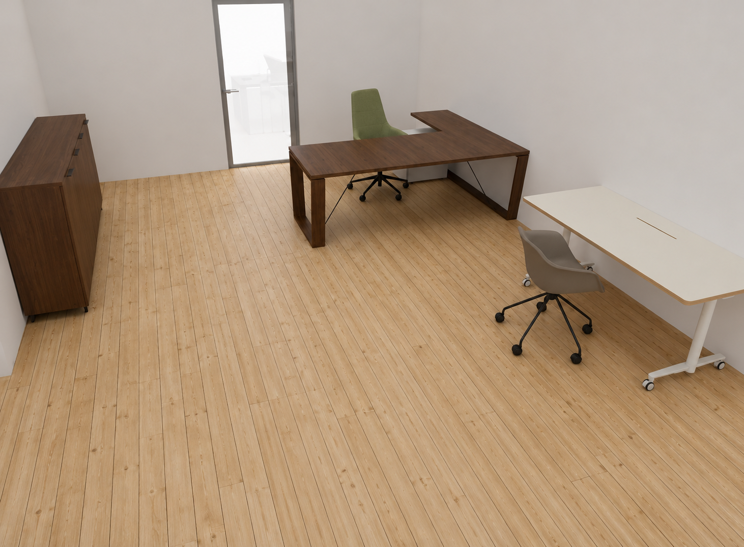 Aménagement de bureau administratif avec bureau d’angle en bois et espace collaboratif
